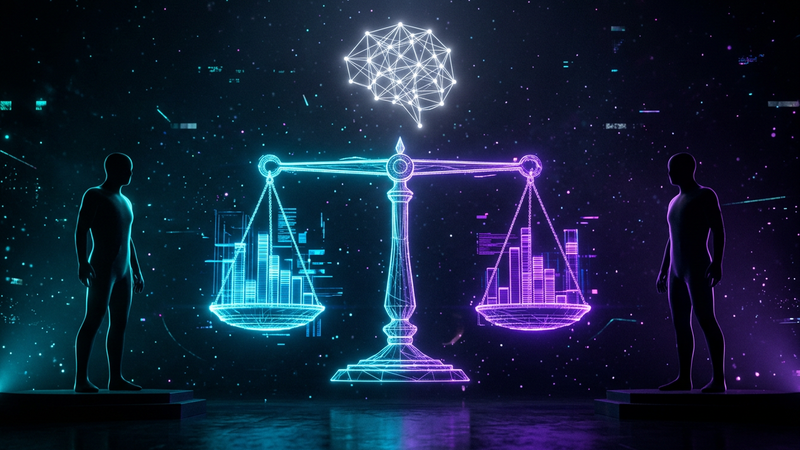 Two player silhouettes facing a holographic balance scale of stat bars with an AI glyph above