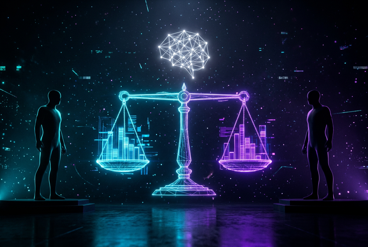 Two player silhouettes facing a holographic balance scale of stat bars with an AI glyph above