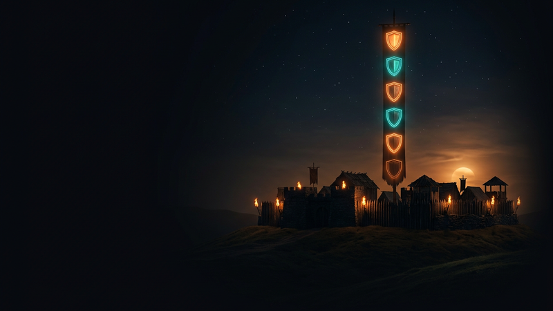 Fortified village silhouette beneath a tall banner of league shields lit by torchlight