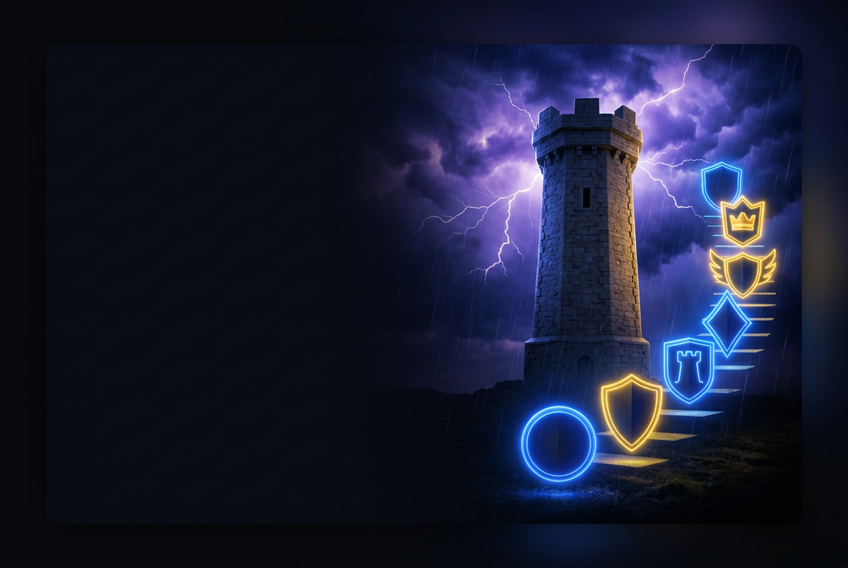 Crown tower and a climbing staircase of glowing league shields under a stormy sky