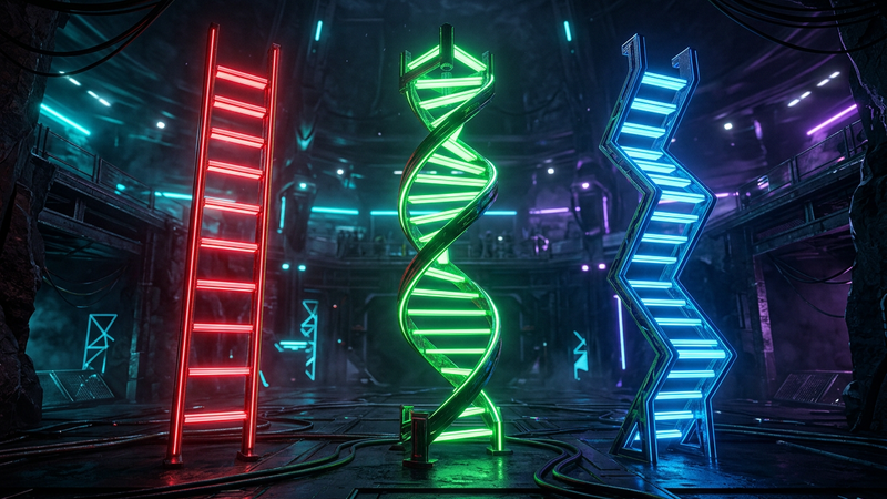 Three glowing ladders of different shapes in red, green and blue standing in a dark tactical arena