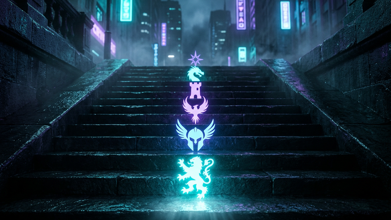 Stone stairway in a misty noir city with glowing emblems, the lowest step lit brightest