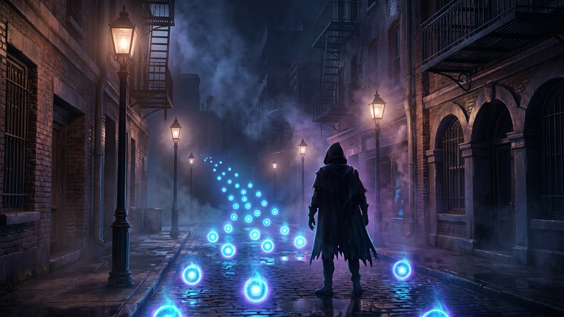 Hooded figure walking down a lantern-lit cobblestone street as glowing blue soul orbs stream toward them