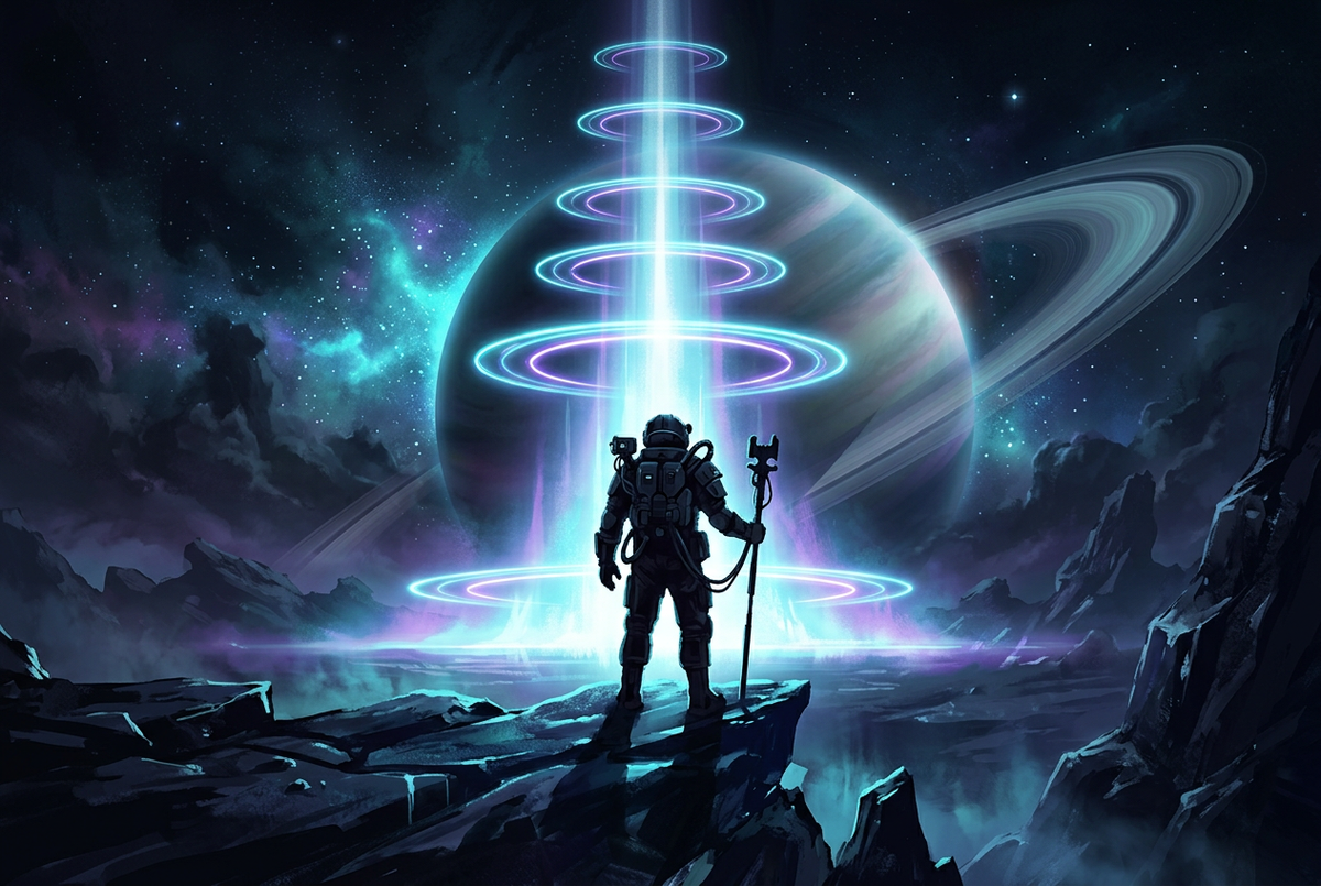 Armored explorer standing before a rising column of light with tiered glowing rings and a ringed planet behind