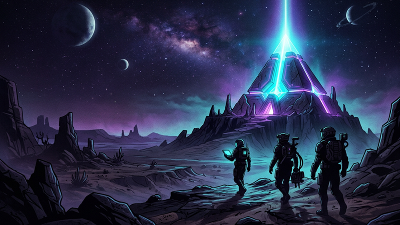 Three armored silhouettes crossing a rocky desert planet toward a glowing pyramid beacon under a starry sky