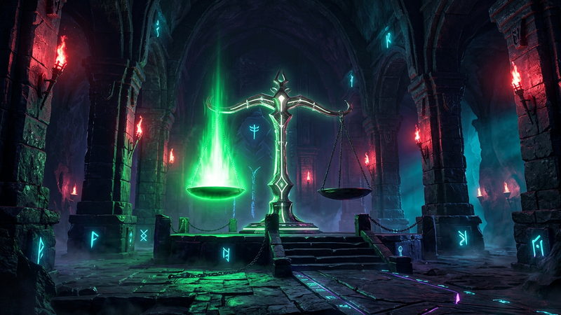 Balance scale with a glowing green pan rising inside a dark stone hall lit by red torches