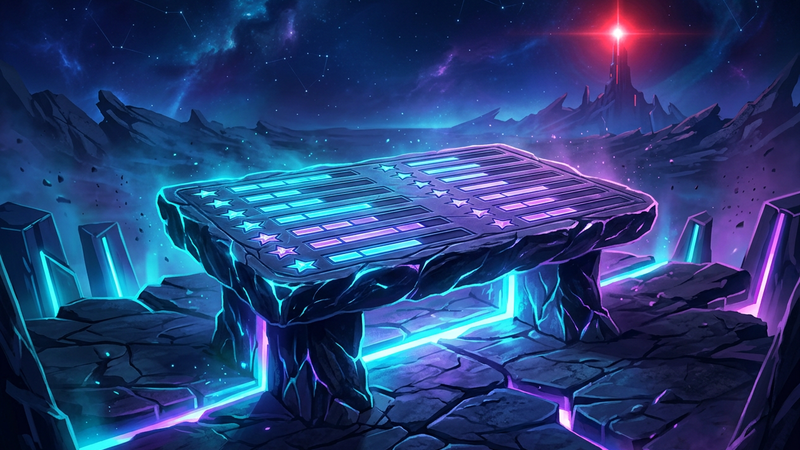 Glowing stone table carved with rows of light under a starry sky with a crimson beacon in the distance