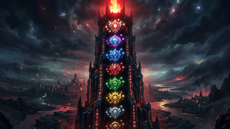 Eight glowing star medal emblems rising up a dark obsidian tower toward a crimson beacon