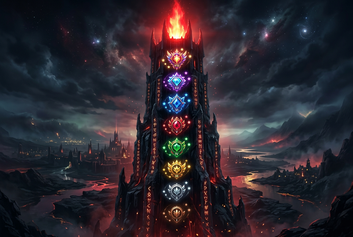 Eight glowing star medal emblems rising up a dark obsidian tower toward a crimson beacon