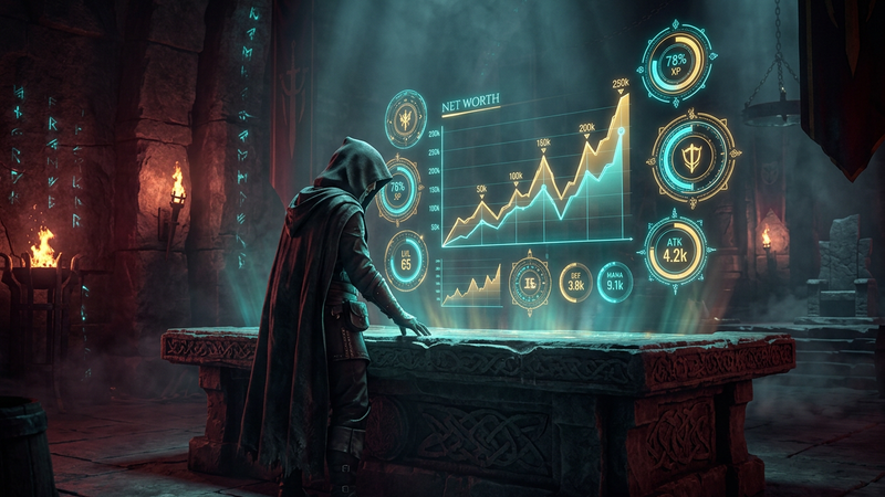Hooded figure studying holographic gold and experience graphs above a stone table in a dark war room