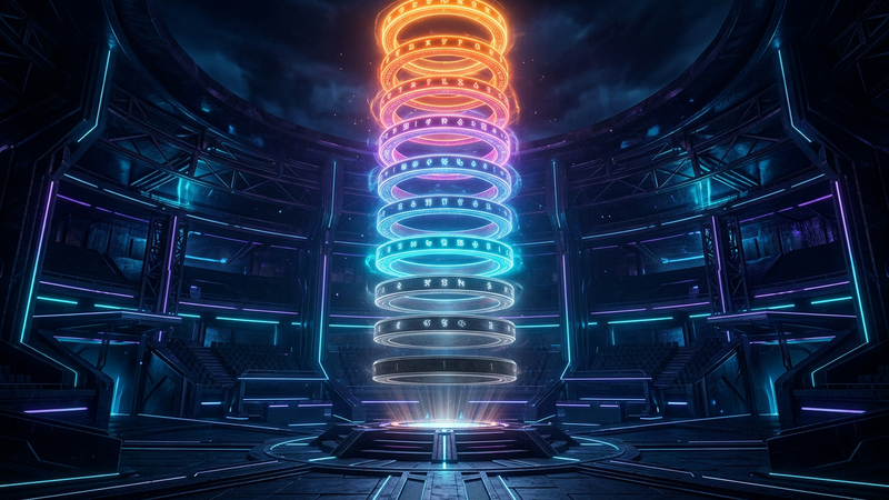 Tower of ten glowing rings shifting from grey to orange in an empty dark arena