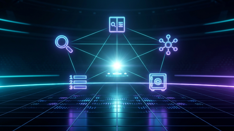 Map of connected tool icons glowing around a central start beacon on a dark grid