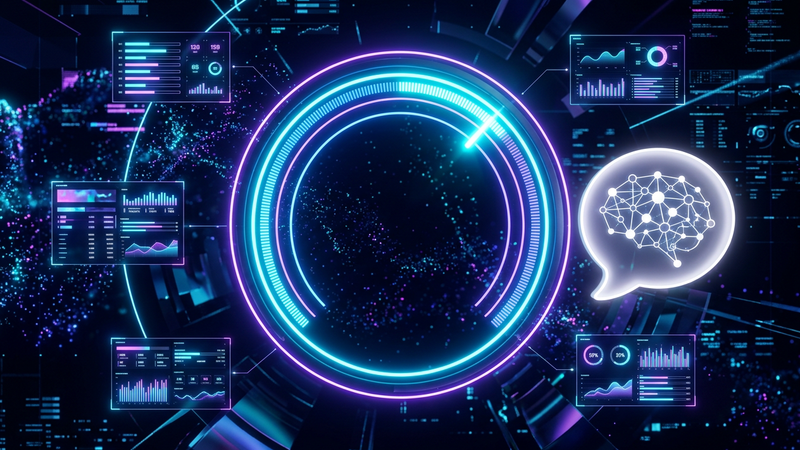 Glowing 0 to 100 score ring over stat tiles with an AI speech glyph beside it