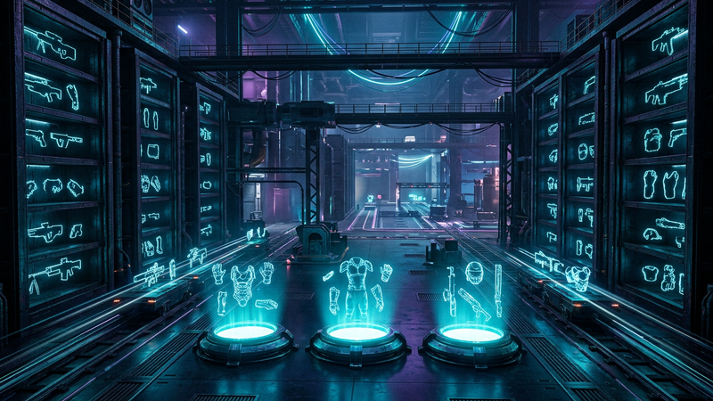 Weapon and armor silhouettes sliding between glowing vault shelves in a dark sci-fi hangar