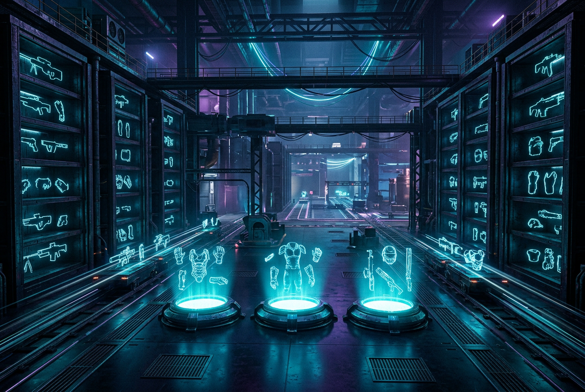 Weapon and armor silhouettes sliding between glowing vault shelves in a dark sci-fi hangar