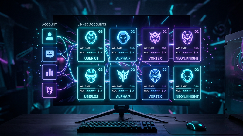Glowing dashboard of linked account cards and pinned player tiles above a dark desk