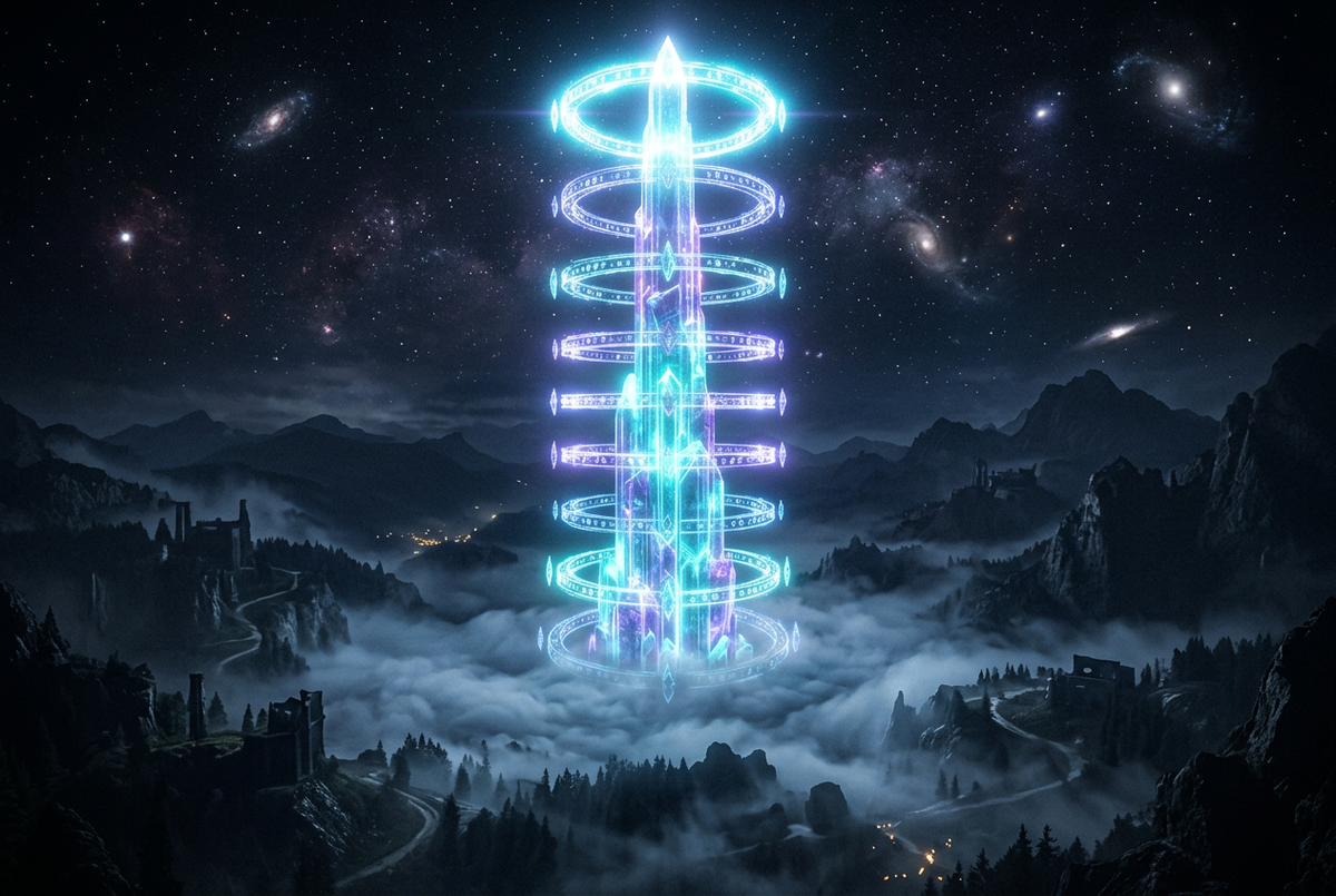 Glowing crystal spire ringed by ten tier rings above a misty fantasy valley at night