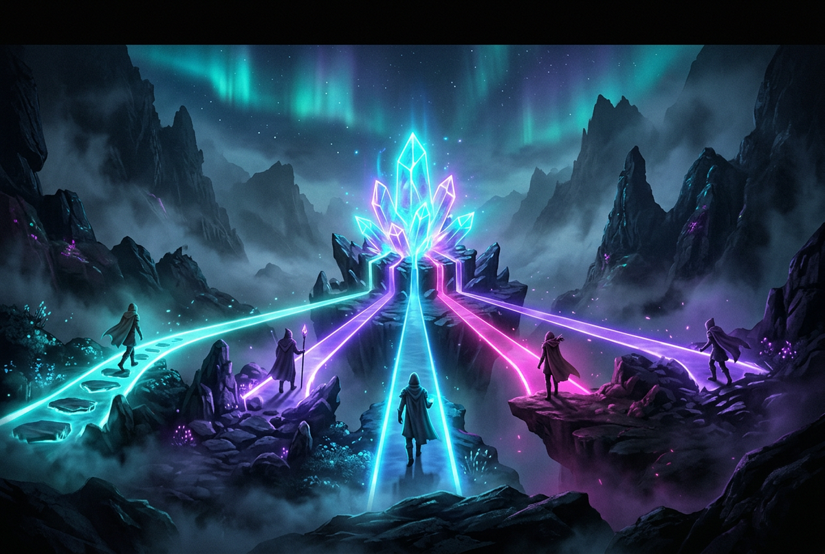 Five glowing paths of different colors meeting at a crystal spire in a misty fantasy valley, one figure on each path
