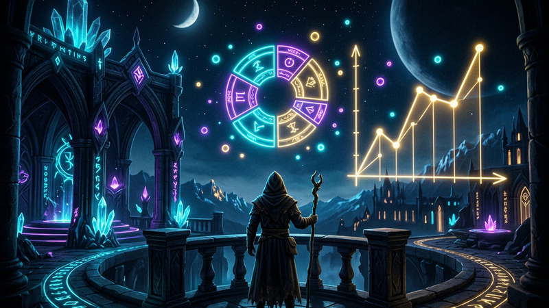 Hooded figure in a crystal observatory under floating glowing charts and a gold line graph