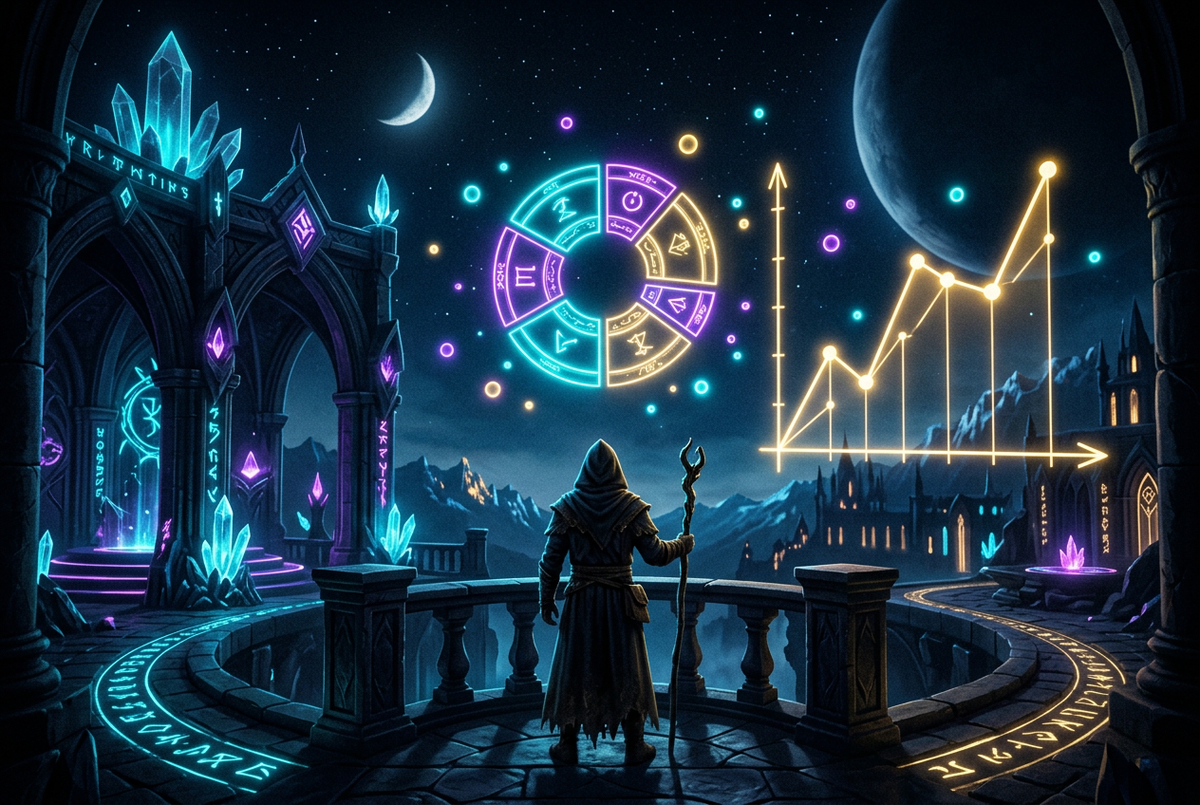 Hooded figure in a crystal observatory under floating glowing charts and a gold line graph