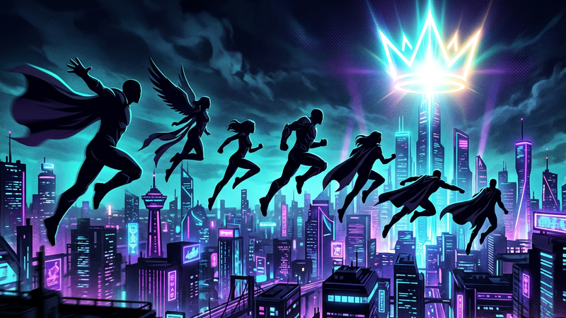 Original caped hero silhouettes leaping over a neon skyline toward a glowing crown beacon