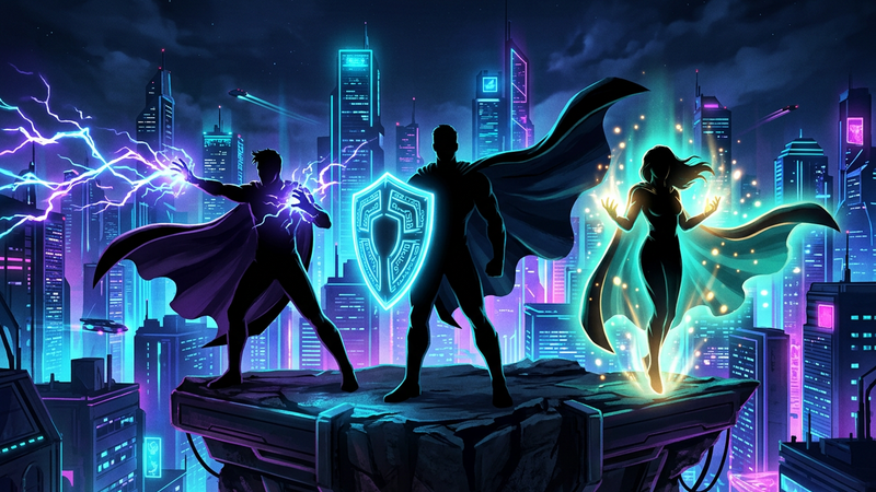 Three original caped silhouettes with lightning, a shield and a healing glow on a rooftop over a neon skyline