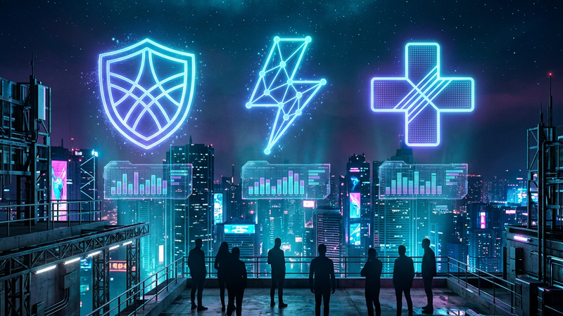 Glowing shield, bolt and plus emblems over holographic bar graphs on a neon rooftop