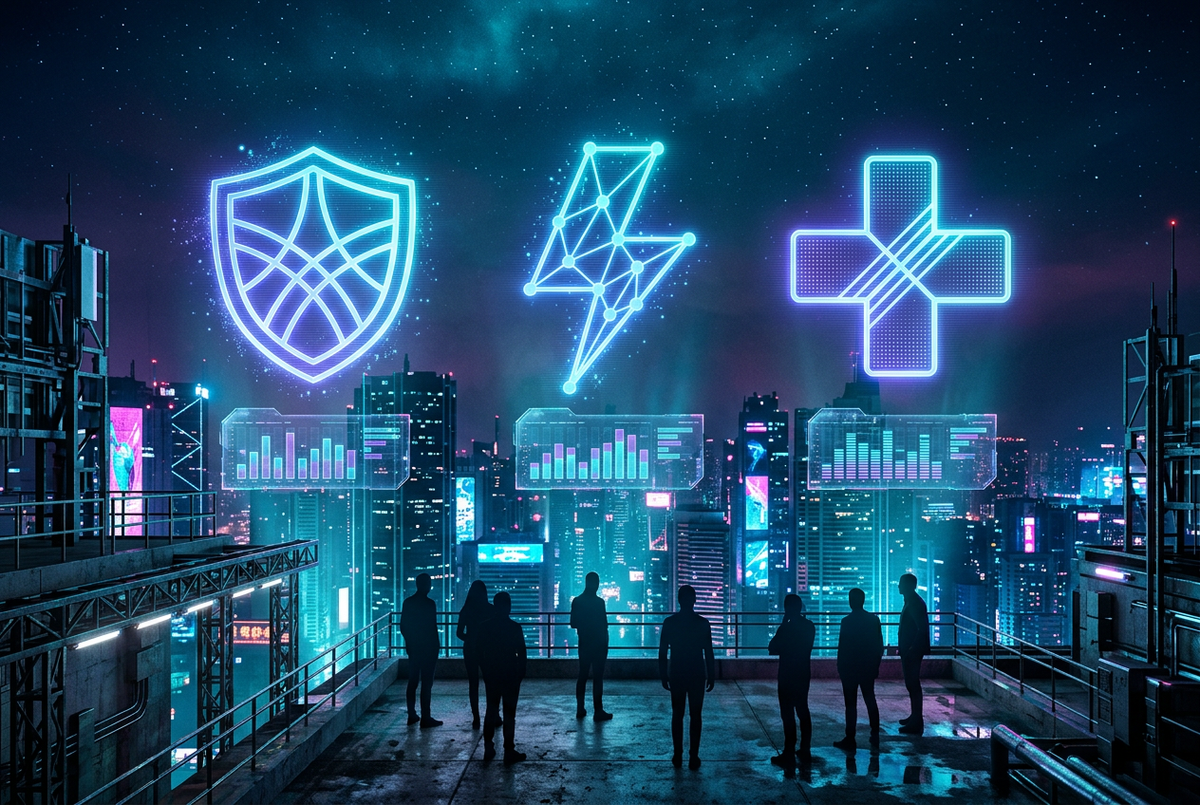Glowing shield, bolt and plus emblems over holographic bar graphs on a neon rooftop