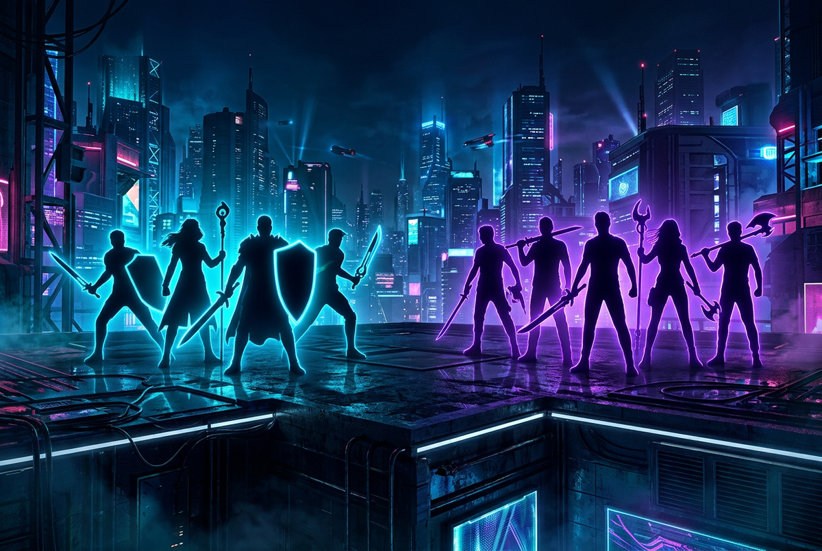 Two groups of player silhouettes, five on the left and six on the right, facing off on a neon city rooftop