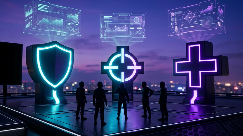 Shield, crosshair and plus role pillars with holographic stat graphs above five player silhouettes