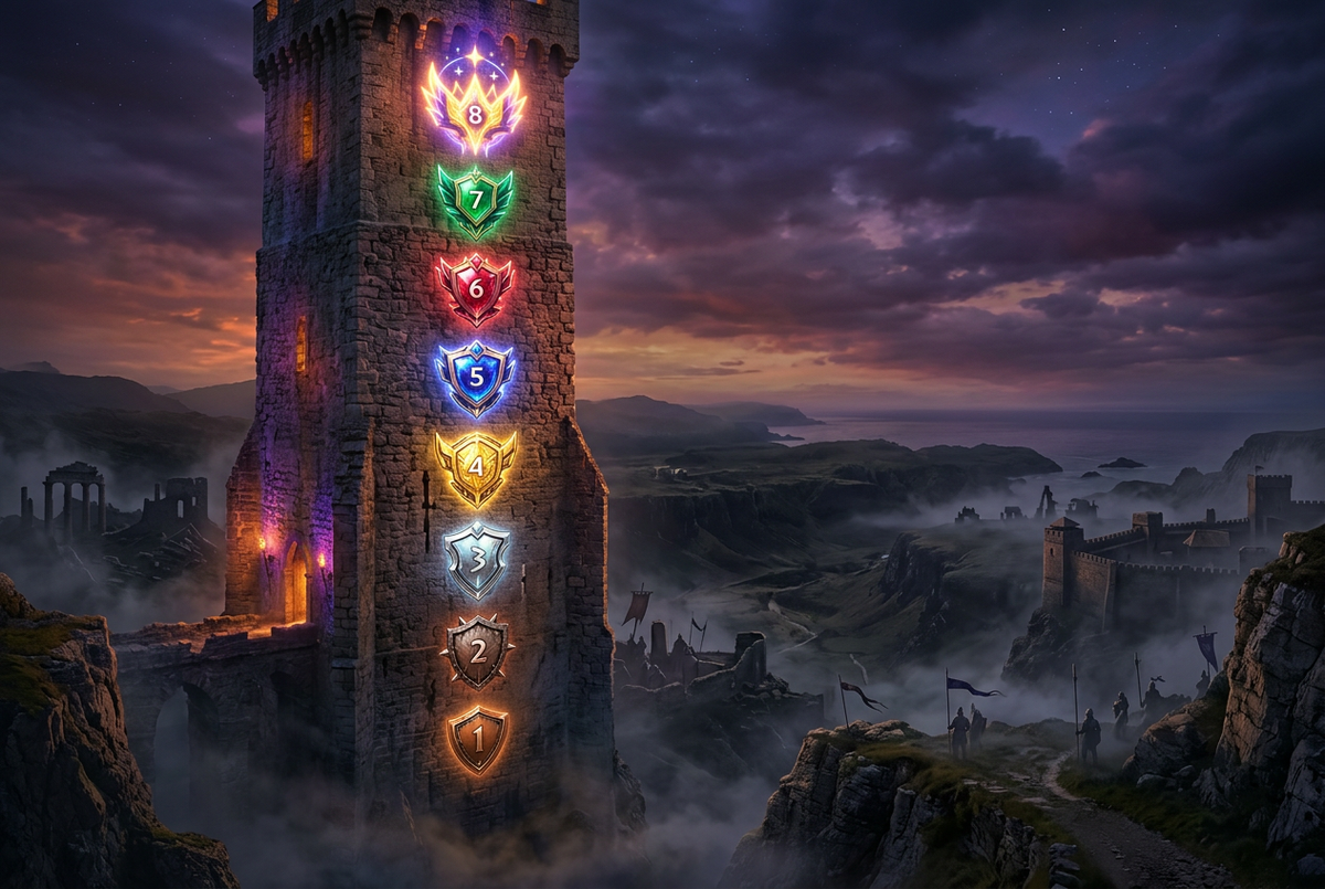 Column of eight glowing rank emblems climbing a stone watchtower over a misty island battlefield at dusk