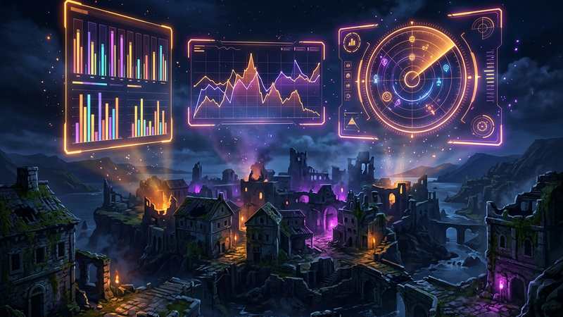 Holographic bar graphs, a line chart and a radar display floating above a ruined island town at night