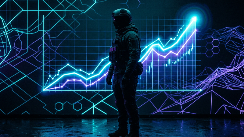 Abstract silhouette before a rising rating graph in neon cyan and violet light on a dark obsidian background