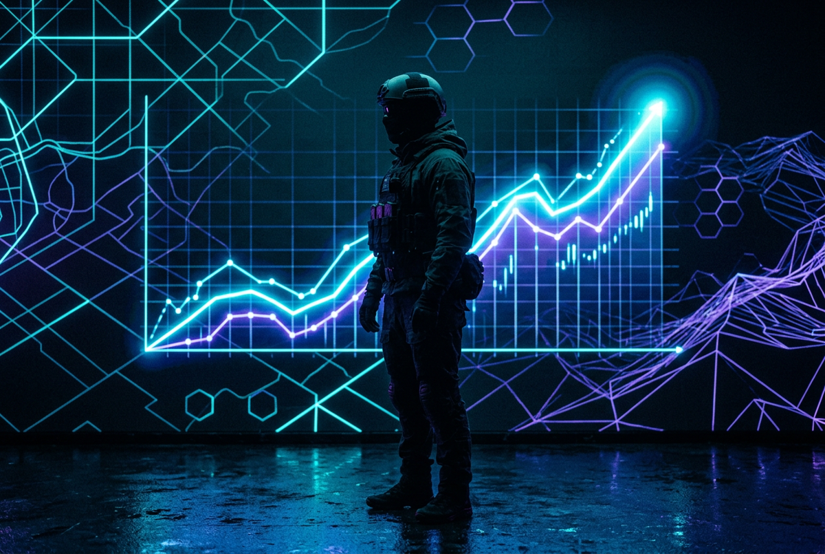 Abstract silhouette before a rising rating graph in neon cyan and violet light on a dark obsidian background