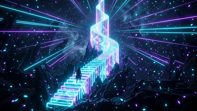Abstract hooded silhouette climbing a glowing stepped tower in neon cyan and violet light on a dark background