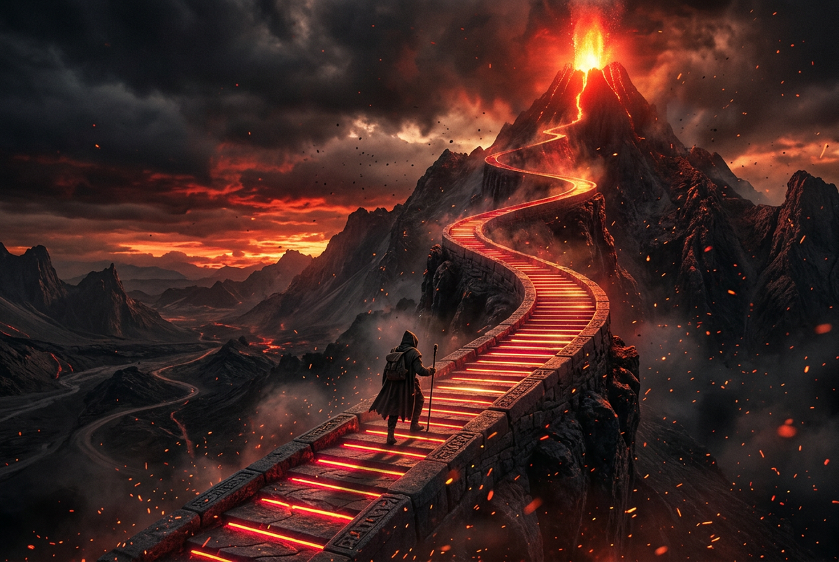 Cloaked figure climbing a glowing staircase up a volcanic mountain toward a crimson beacon
