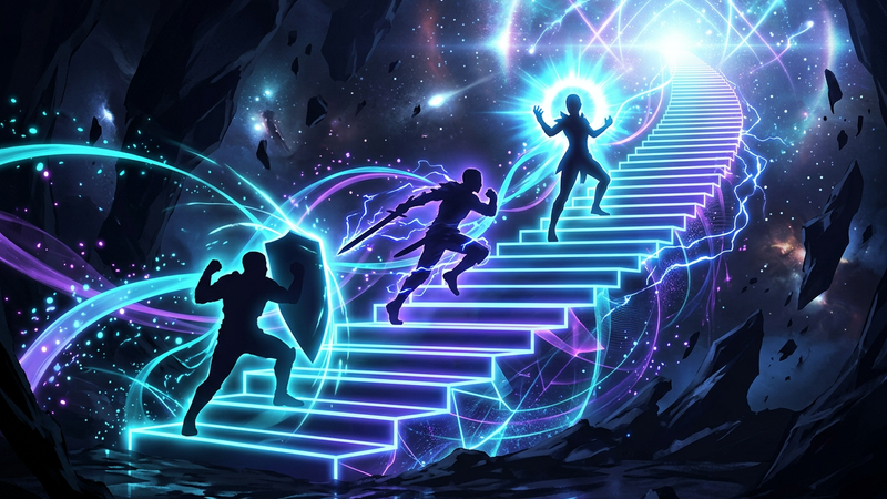 Three abstract silhouettes climbing a glowing cyan and violet staircase on a dark background, symbolizing a ranked climb