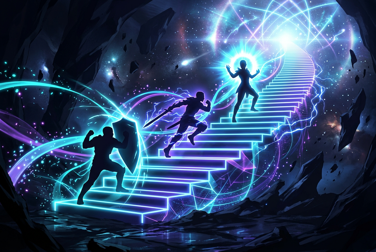 Three abstract silhouettes climbing a glowing cyan and violet staircase on a dark background, symbolizing a ranked climb