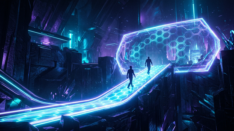 Two abstract silhouettes advancing up a glowing ramp behind a hexagonal energy barrier in neon cyan and violet light