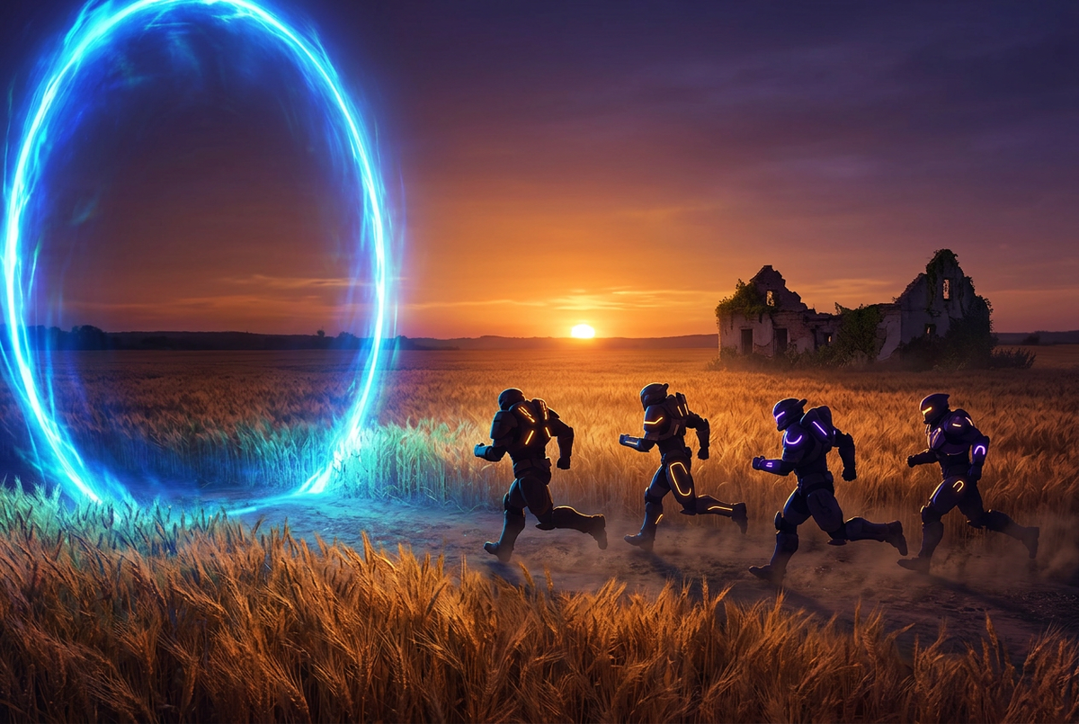 Squad of four silhouettes running through a wheat field at sunset toward a glowing blue energy ring