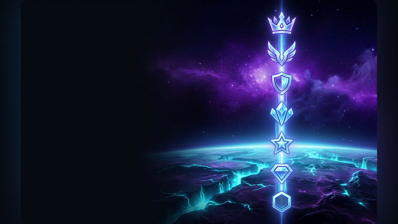 Seven glowing league crests stacked like a ladder above a dark starfield battlefield