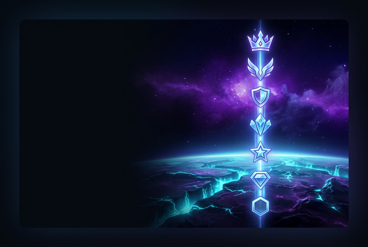 Seven glowing league crests stacked like a ladder above a dark starfield battlefield
