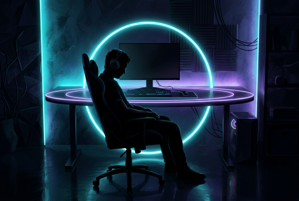 Player silhouette leaning back from a dimmed screen at a desk, framed by a soft glowing ring of light