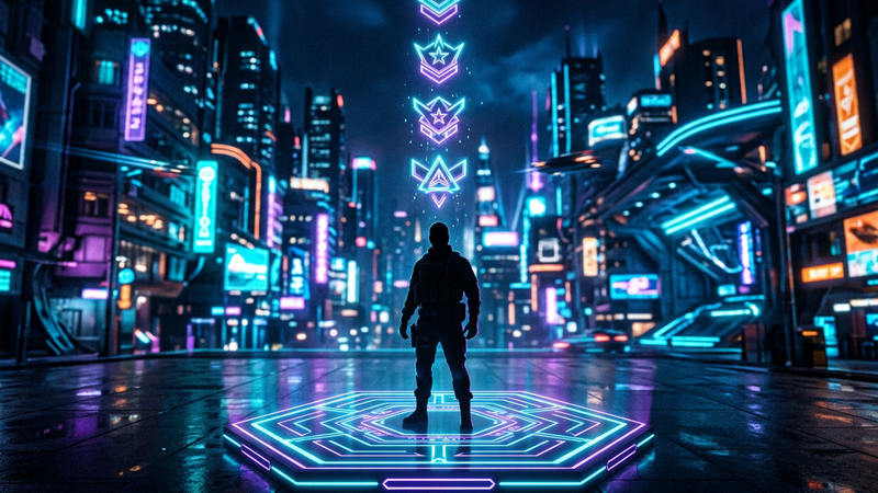 Original agent silhouette under a glowing column of rank emblems in a neon city plaza