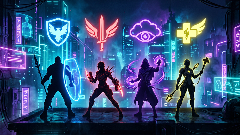 Four original agent silhouettes under shield, blade, eye and plus role symbols in a neon city at night