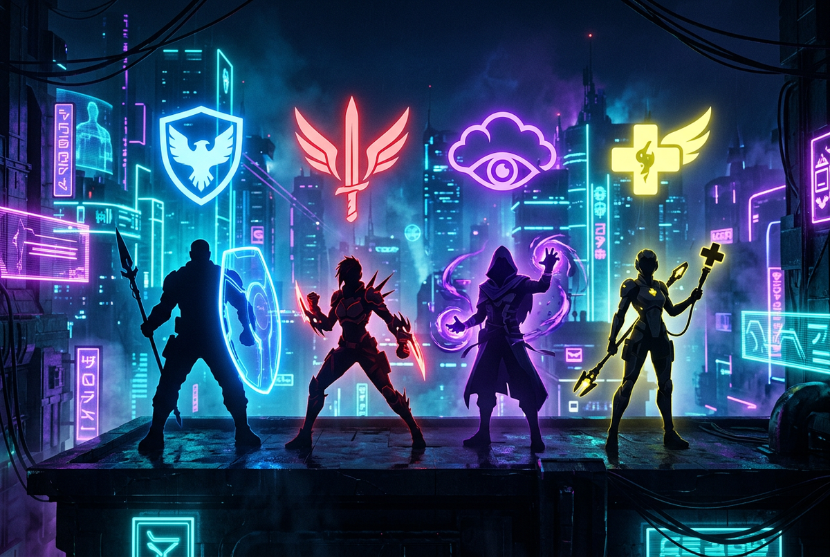 Four original agent silhouettes under shield, blade, eye and plus role symbols in a neon city at night