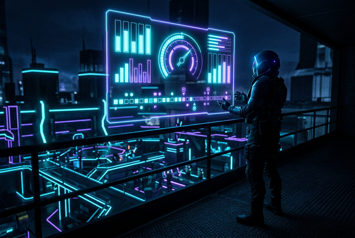 Agent silhouette studying a holographic match report with charts above a night training range