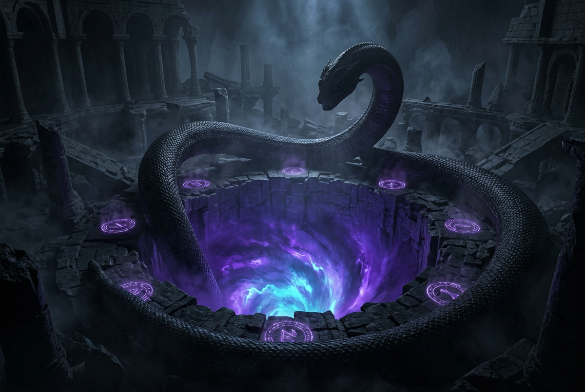 Colossal coiled serpent silhouette circling a glowing violet abyss inside a sunken stone temple