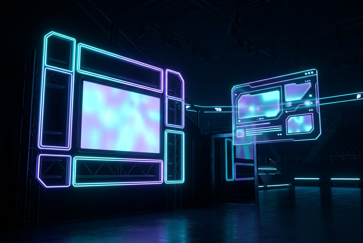 Blank neon ad panels beside a floating blog page in a dark arena