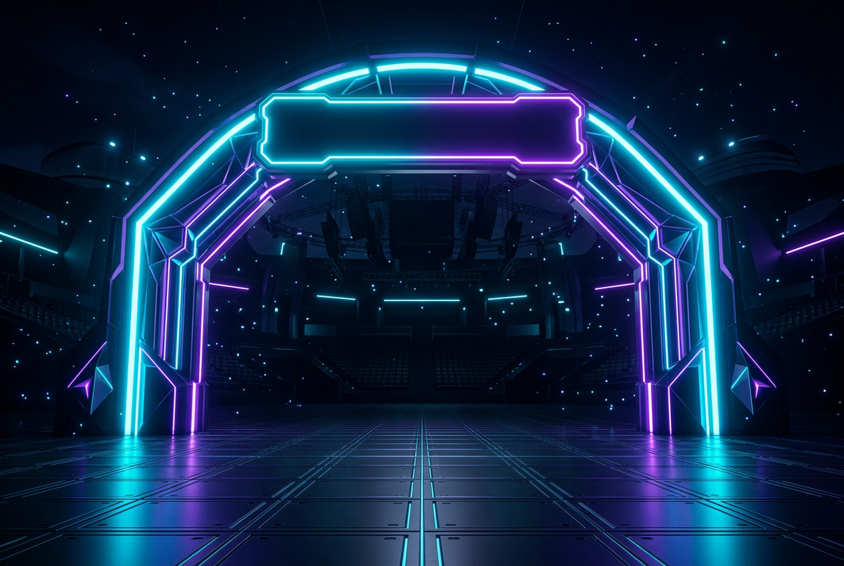 A grand glowing gateway arch with an empty banner over the entrance of a dark esports hall